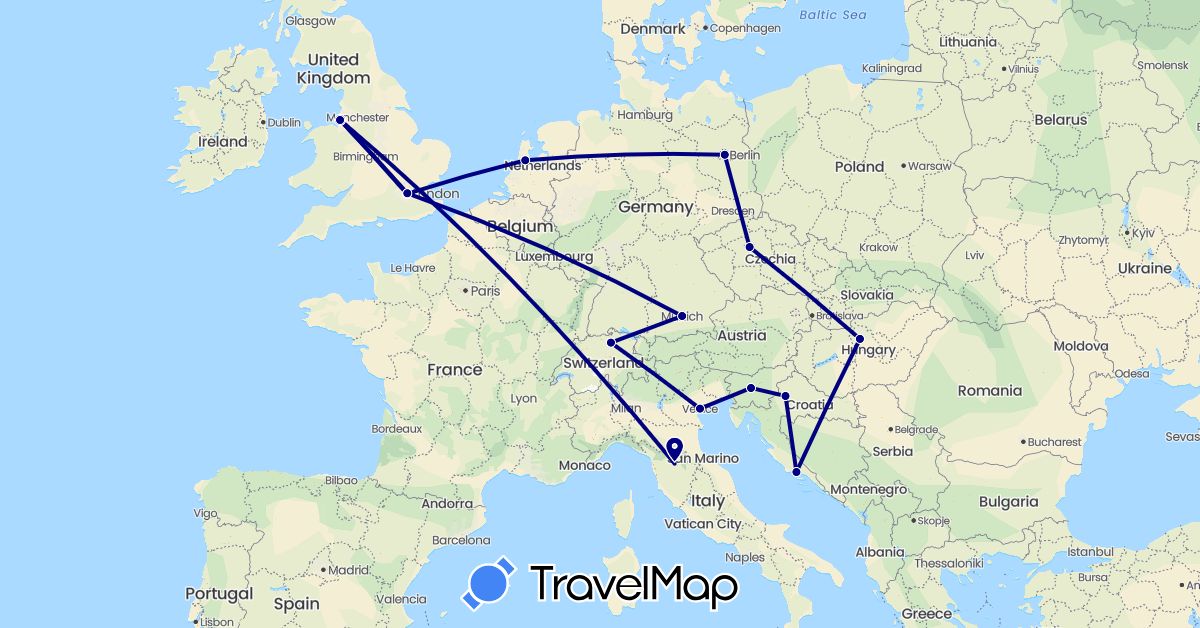 TravelMap itinerary: driving in Switzerland, Czech Republic, Germany, United Kingdom, Croatia, Hungary, Italy, Netherlands, Slovenia (Europe)