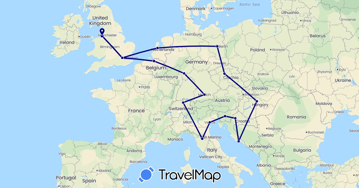 TravelMap itinerary: driving in Belgium, Switzerland, Czech Republic, Germany, United Kingdom, Croatia, Hungary, Italy, Netherlands, Slovenia (Europe)